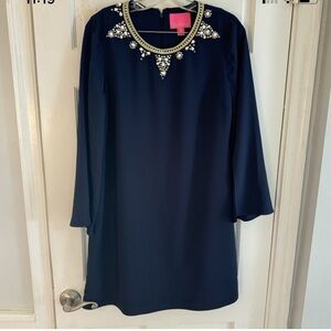 Navy Blue Dress with Embellished Neckline